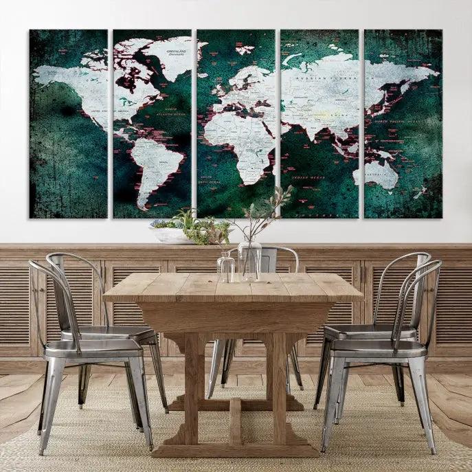 A stylish living room showcases a triptych 'Canvas World Map' on gallery-wrapped, museum-quality canvases decorating the wall.