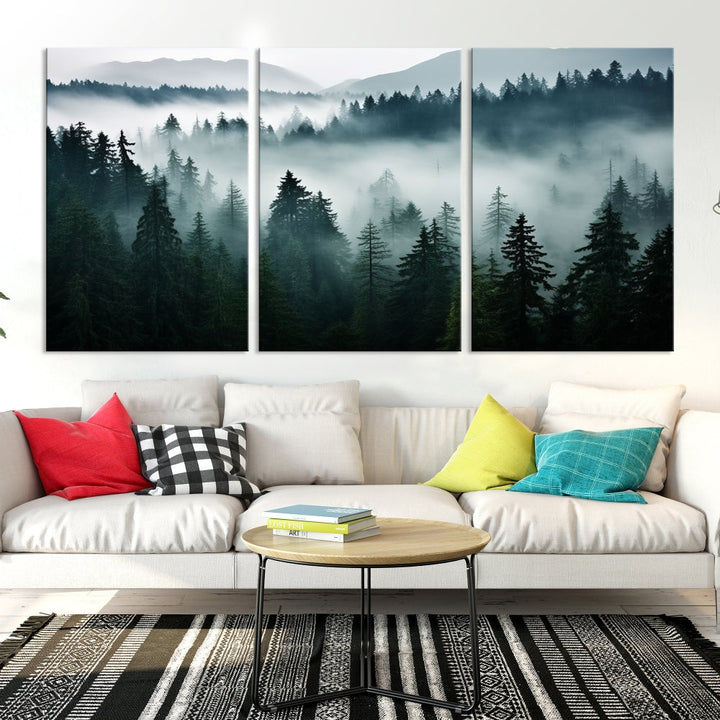 Captivating Misty Forest Wall Art Premium Canvas Print a Foggy and Serene Atmosphere