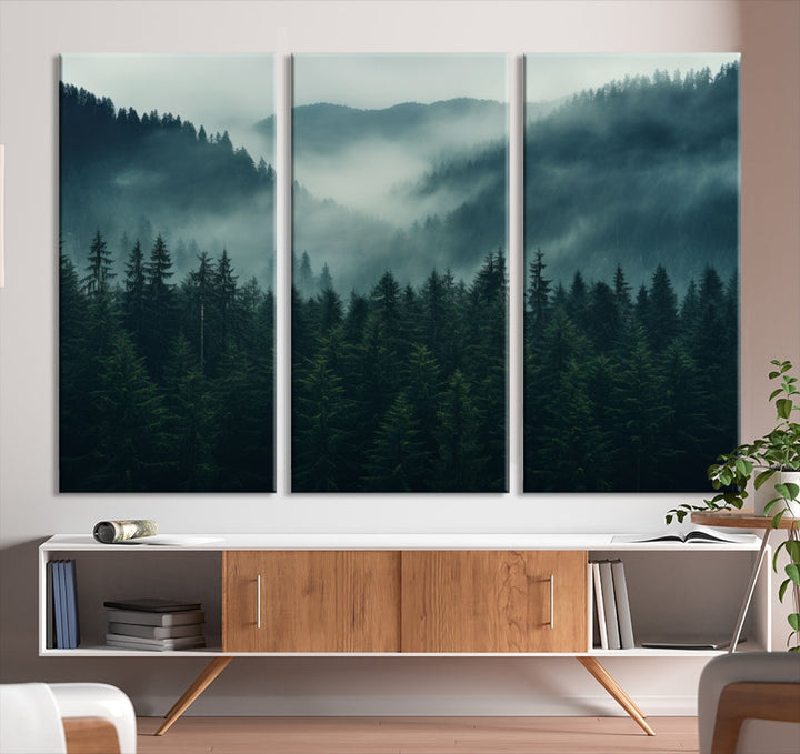 Captivating Misty Forest Wall Art Premium Canvas Print, Foggy and Serene Atmosphere Wall Art Canvas