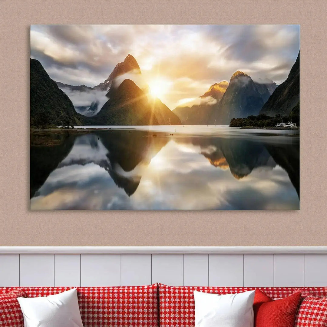 A captivating natural landscape wall art canvas print features a serene lake and majestic mountains illuminated by a dramatic sunset. This gallery-wrapped image is printed on museum-quality polycotton canvas, ensuring its timeless charm for years to come.