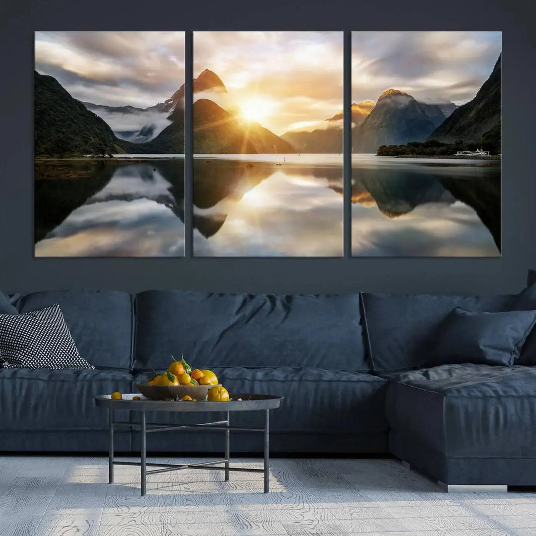 A captivating natural landscape wall art canvas print features a serene lake and majestic mountains illuminated by a dramatic sunset. This gallery-wrapped image is printed on museum-quality polycotton canvas, ensuring its timeless charm for years to come.