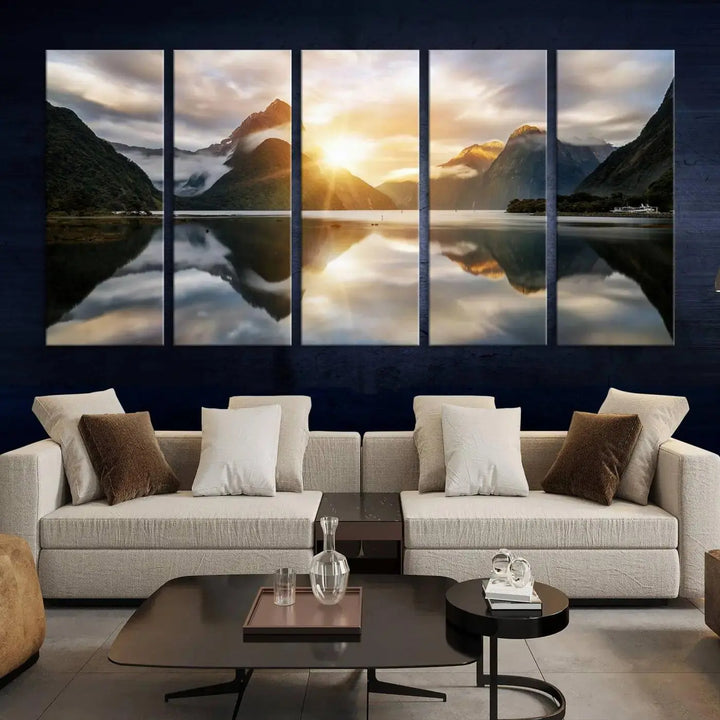 A captivating natural landscape wall art canvas print features a serene lake and majestic mountains illuminated by a dramatic sunset. This gallery-wrapped image is printed on museum-quality polycotton canvas, ensuring its timeless charm for years to come.