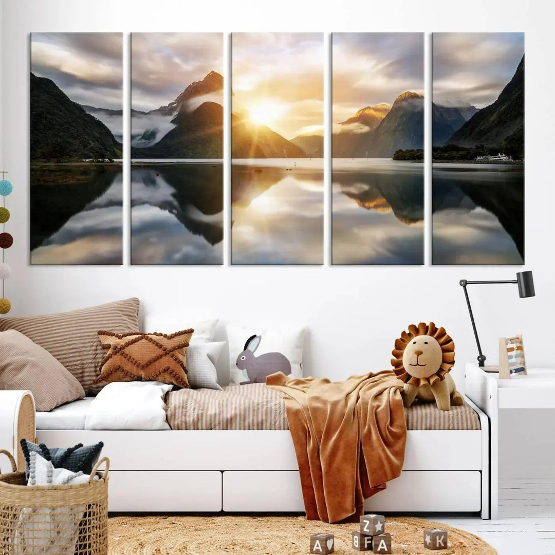 A captivating natural landscape wall art canvas print features a serene lake and majestic mountains illuminated by a dramatic sunset. This gallery-wrapped image is printed on museum-quality polycotton canvas, ensuring its timeless charm for years to come.