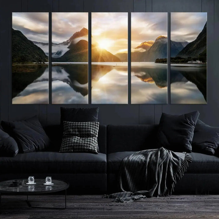 A captivating natural landscape wall art canvas print features a serene lake and majestic mountains illuminated by a dramatic sunset. This gallery-wrapped image is printed on museum-quality polycotton canvas, ensuring its timeless charm for years to come.