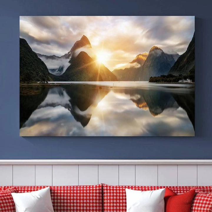 A captivating natural landscape wall art canvas print features a serene lake and majestic mountains illuminated by a dramatic sunset. This gallery-wrapped image is printed on museum-quality polycotton canvas, ensuring its timeless charm for years to come.