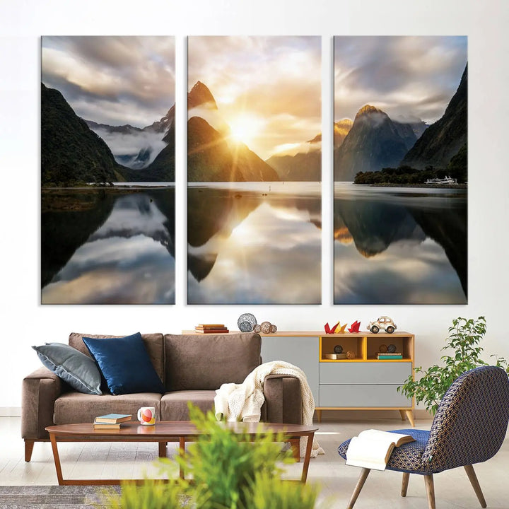 A captivating natural landscape wall art canvas print features a serene lake and majestic mountains illuminated by a dramatic sunset. This gallery-wrapped image is printed on museum-quality polycotton canvas, ensuring its timeless charm for years to come.