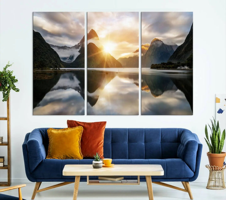 A captivating natural landscape wall art canvas print features a serene lake and majestic mountains illuminated by a dramatic sunset. This gallery-wrapped image is printed on museum-quality polycotton canvas, ensuring its timeless charm for years to come.