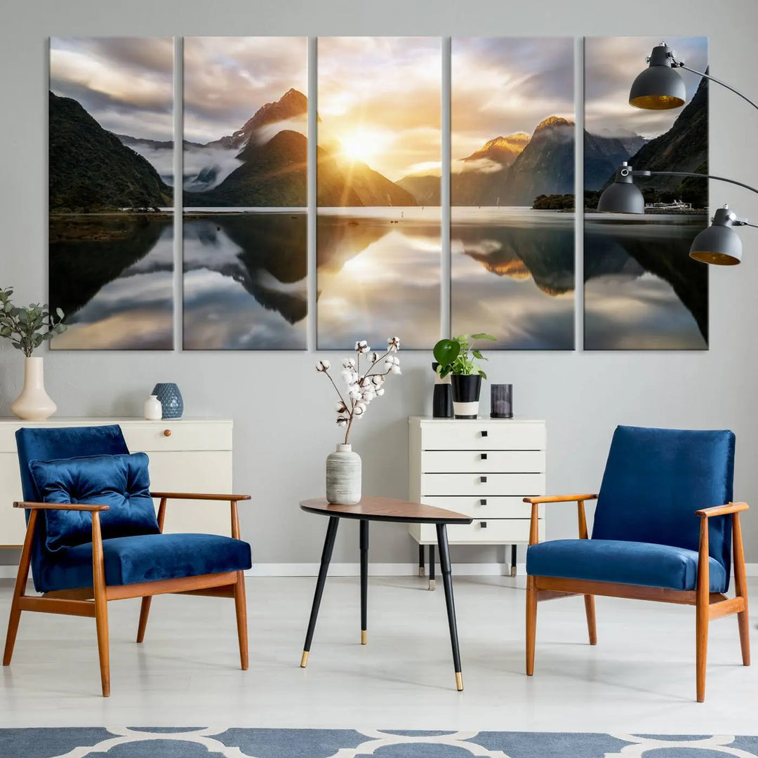 A captivating natural landscape wall art canvas print features a serene lake and majestic mountains illuminated by a dramatic sunset. This gallery-wrapped image is printed on museum-quality polycotton canvas, ensuring its timeless charm for years to come.