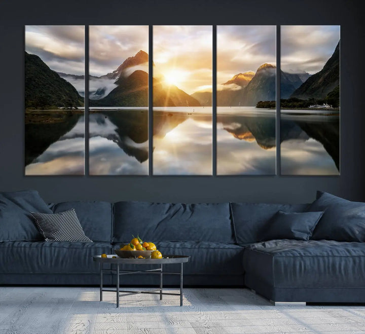 A captivating natural landscape wall art canvas print features a serene lake and majestic mountains illuminated by a dramatic sunset. This gallery-wrapped image is printed on museum-quality polycotton canvas, ensuring its timeless charm for years to come.