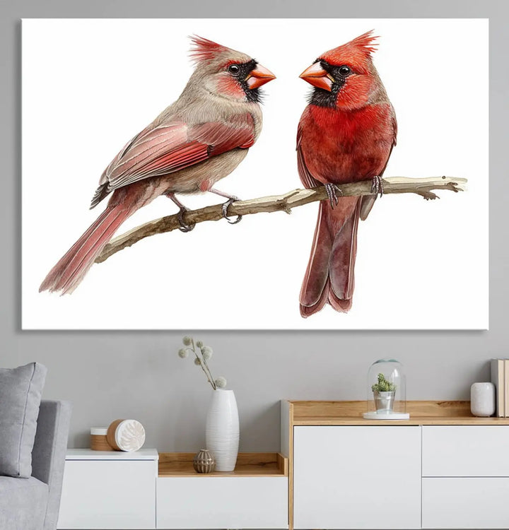 The kitchen dining area showcases the Cardinal Bird Canvas Wall Art, an abstract depiction of a male and female cardinal perched on a branch, offering a vibrant addition for bird lovers.