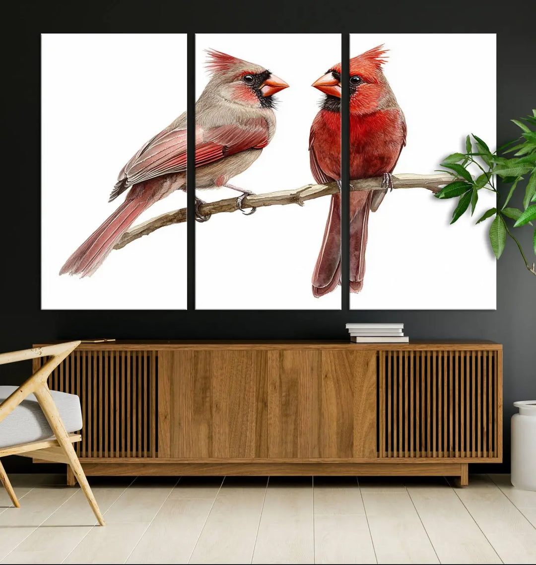 The kitchen dining area showcases the Cardinal Bird Canvas Wall Art, an abstract depiction of a male and female cardinal perched on a branch, offering a vibrant addition for bird lovers.