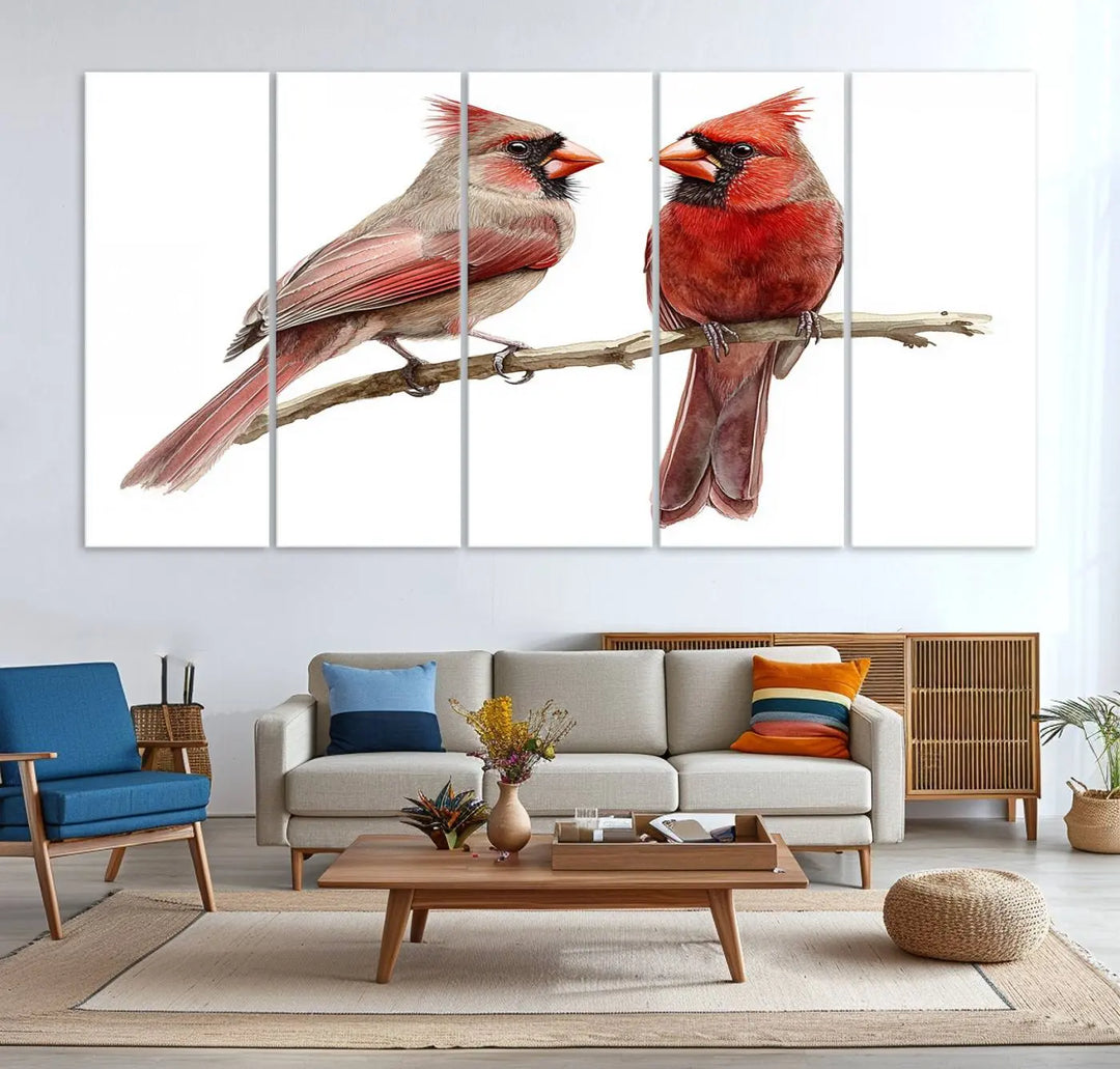 The kitchen dining area showcases the Cardinal Bird Canvas Wall Art, an abstract depiction of a male and female cardinal perched on a branch, offering a vibrant addition for bird lovers.