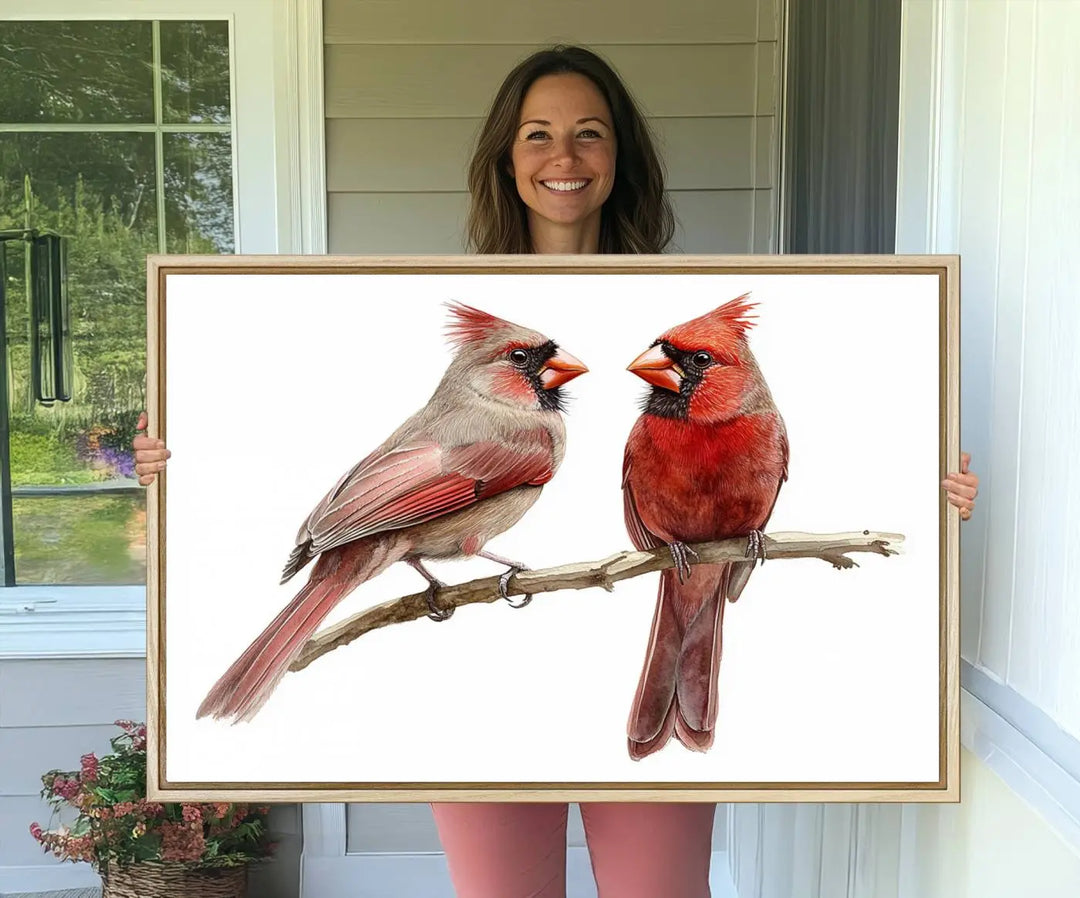 The kitchen dining area showcases the Cardinal Bird Canvas Wall Art, an abstract depiction of a male and female cardinal perched on a branch, offering a vibrant addition for bird lovers.