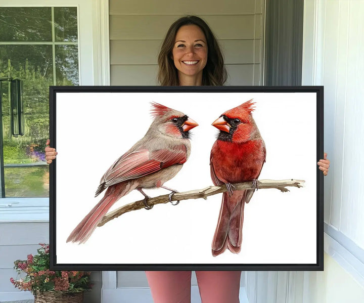 The kitchen dining area showcases the Cardinal Bird Canvas Wall Art, an abstract depiction of a male and female cardinal perched on a branch, offering a vibrant addition for bird lovers.