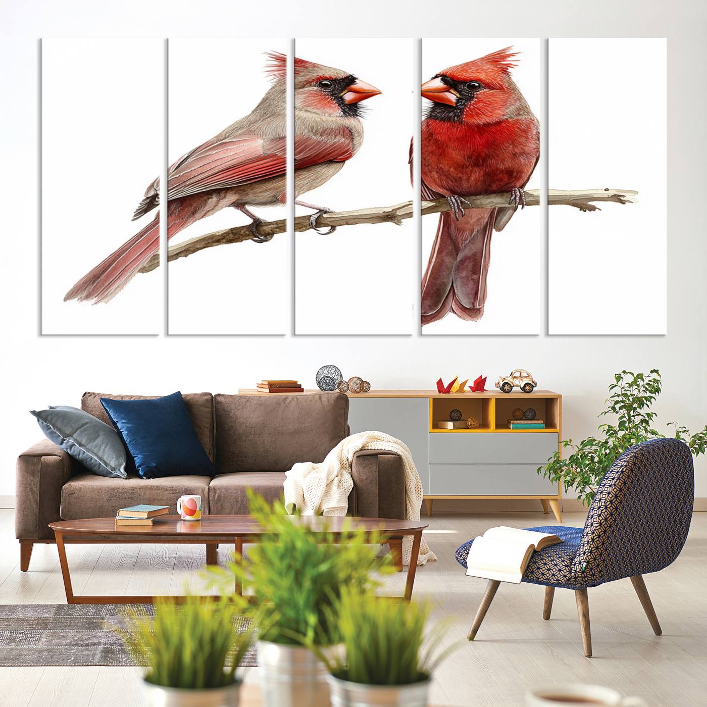 72606-MGV-CV-60X31-5P-Cardinal Bird Canvas Wall Art - Male and Female Cardinal Print - Abstract Bird Wall Decor for Home - Vibrant Wildlife Art on Canvas