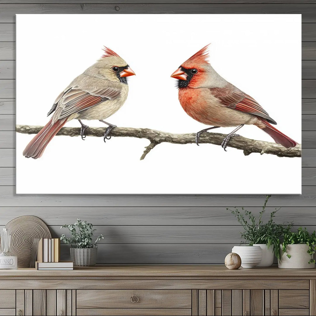 The Cardinal Canvas Wall Art enhances a stylish living room with vibrant nature-inspired cardinals.