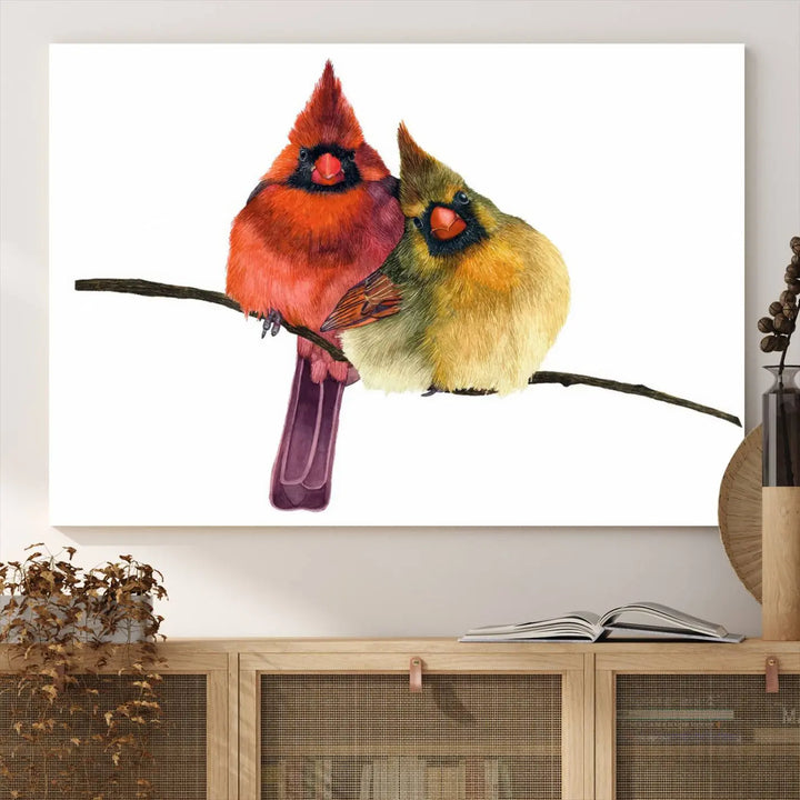 The "Cardinal Bird Canvas Wall Art," showcasing both a male and female cardinal, introduces a vibrant touch of wildlife-inspired decor.