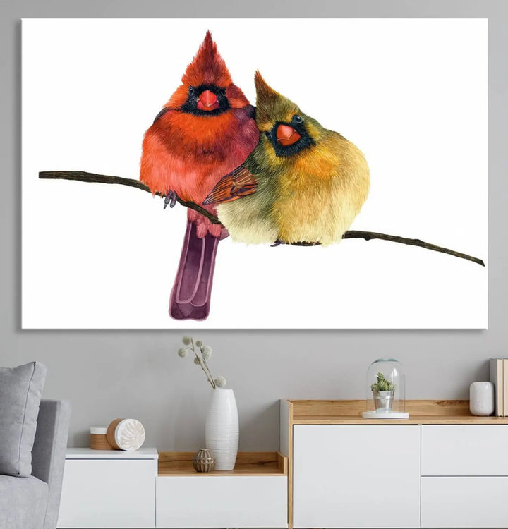 The "Cardinal Bird Canvas Wall Art," showcasing both a male and female cardinal, introduces a vibrant touch of wildlife-inspired decor.