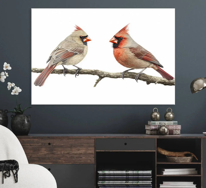 The Cardinal Canvas Wall Art enhances a stylish living room with vibrant nature-inspired cardinals.