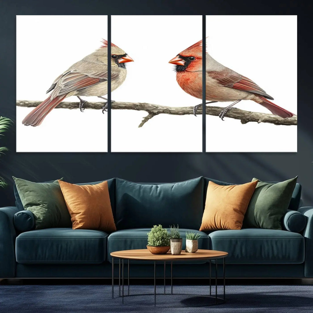 The Cardinal Canvas Wall Art enhances a stylish living room with vibrant nature-inspired cardinals.