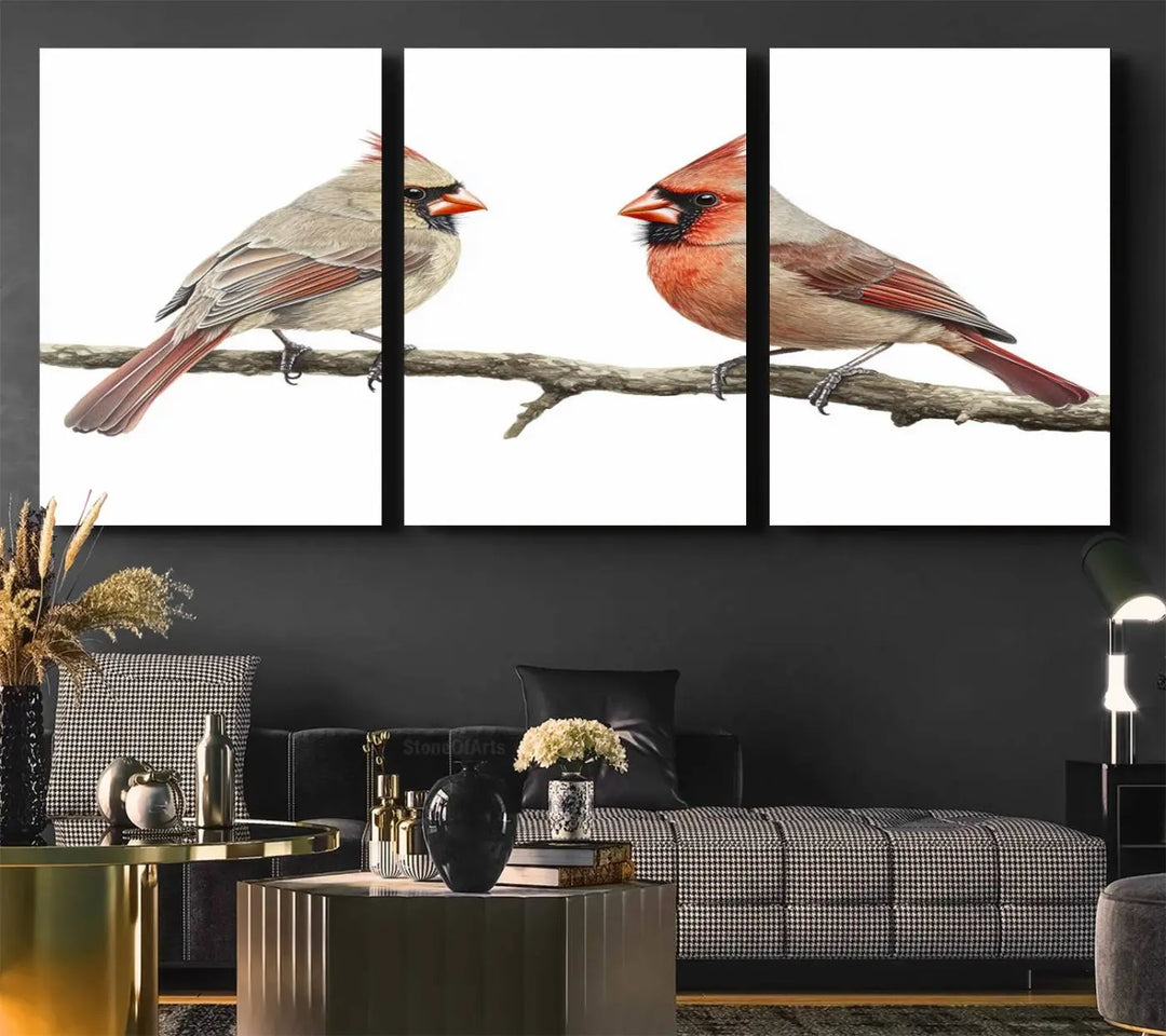 The Cardinal Canvas Wall Art enhances a stylish living room with vibrant nature-inspired cardinals.