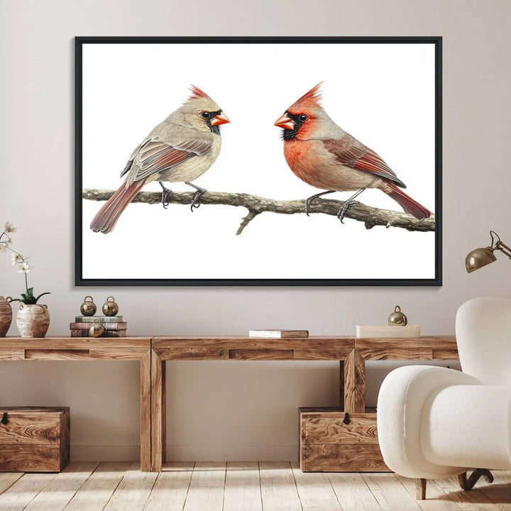 The Cardinal Canvas Wall Art enhances a stylish living room with vibrant nature-inspired cardinals.