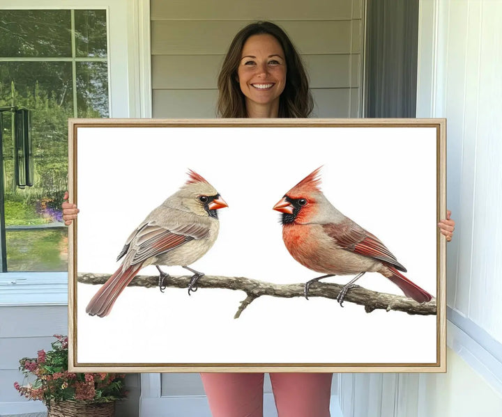 The Cardinal Canvas Wall Art enhances a stylish living room with vibrant nature-inspired cardinals.