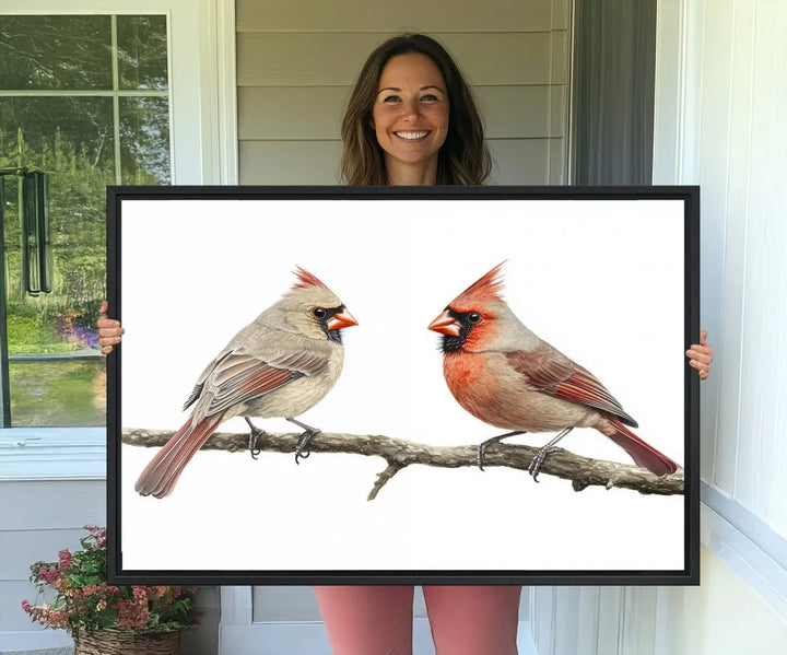 The Cardinal Canvas Wall Art enhances a stylish living room with vibrant nature-inspired cardinals.