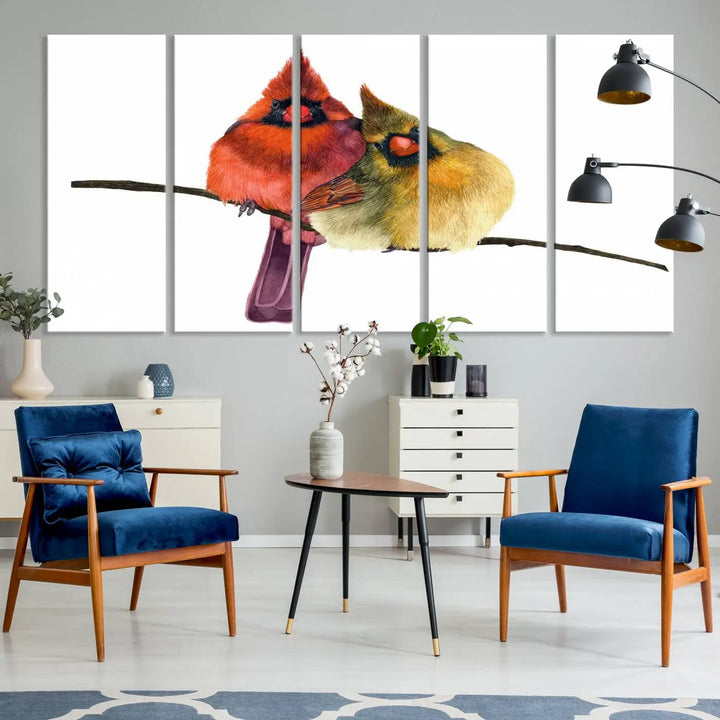 The "Cardinal Bird Canvas Wall Art," showcasing both a male and female cardinal, introduces a vibrant touch of wildlife-inspired decor.