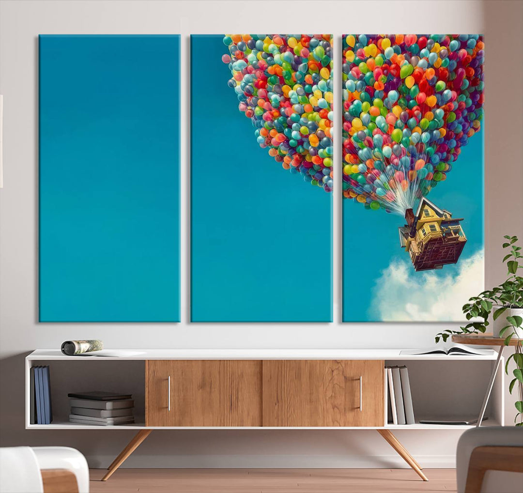Carl Fredricksen, Up Movie Wall Art, Colorful Balloon House Art | Whimsical Wall Decor for Living Room or Kids' Room