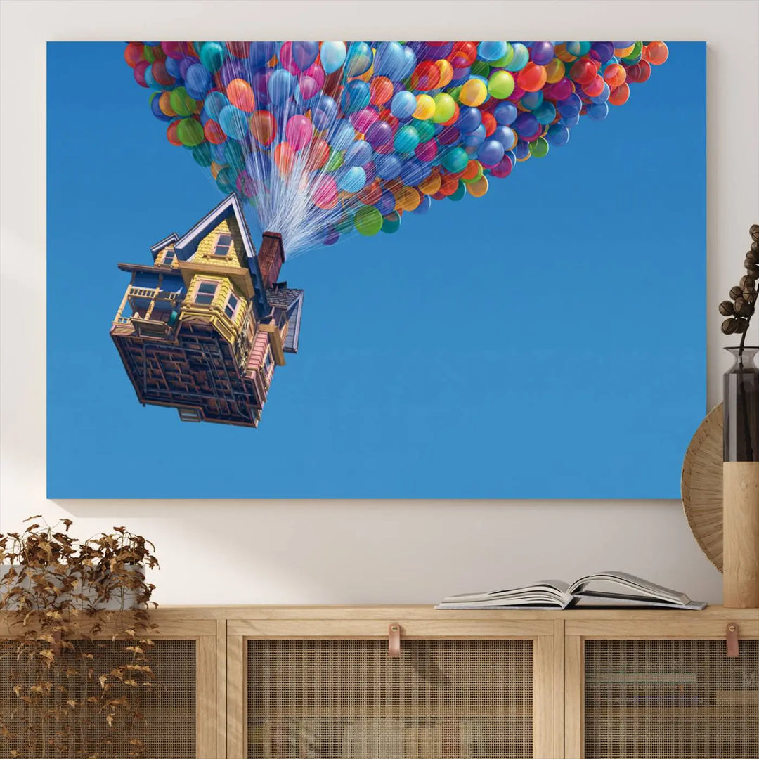 The "Carl Fredricksen, Up Movie Wall Art" features a three-panel design with a house lifted by colorful balloons, adding whimsical decor to any space.