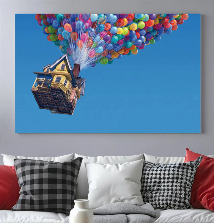 The "Carl Fredricksen, Up Movie Wall Art" features a three-panel design with a house lifted by colorful balloons, adding whimsical decor to any space.