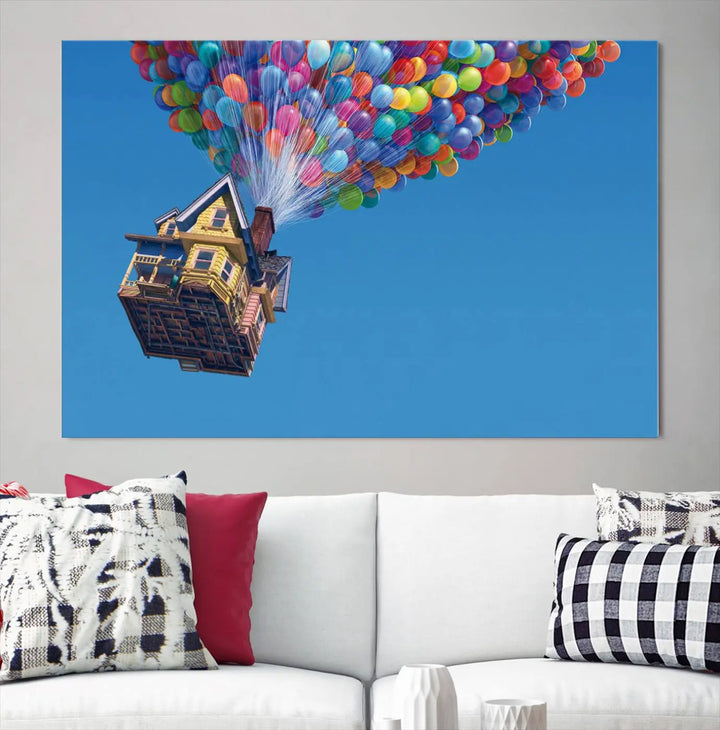 The "Carl Fredricksen, Up Movie Wall Art" features a three-panel design with a house lifted by colorful balloons, adding whimsical decor to any space.