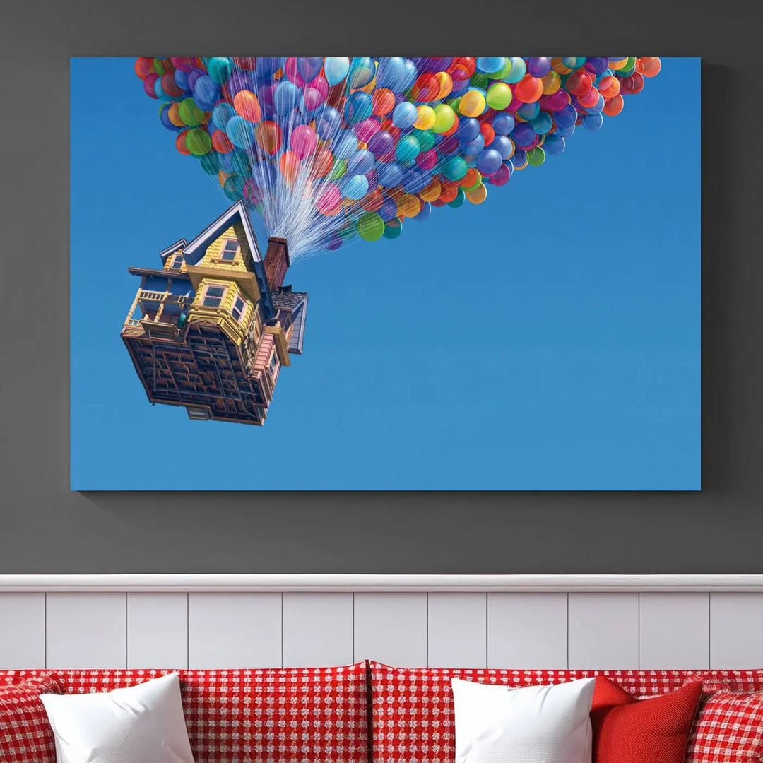 The "Carl Fredricksen, Up Movie Wall Art" features a three-panel design with a house lifted by colorful balloons, adding whimsical decor to any space.