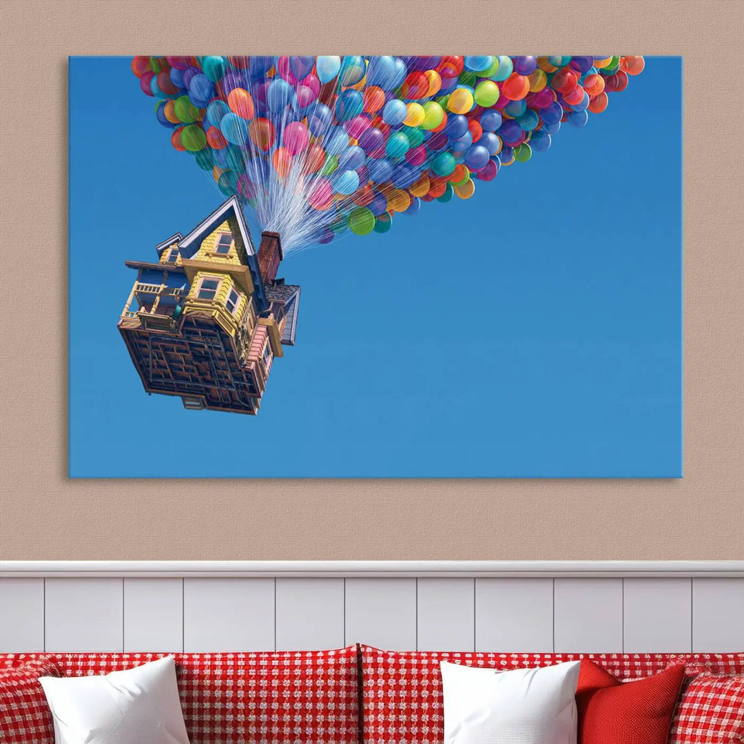 The "Carl Fredricksen, Up Movie Wall Art" features a three-panel design with a house lifted by colorful balloons, adding whimsical decor to any space.