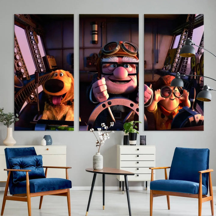 This three-panel wall art, titled "Carl Russel and Dog," features the beloved characters from the movie "Up" in a whimsical airplane cockpit scene, adding a playful touch to any room.