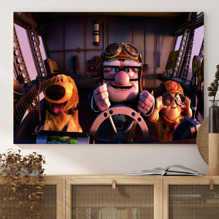 This three-panel wall art, titled "Carl Russel and Dog," features the beloved characters from the movie "Up" in a whimsical airplane cockpit scene, adding a playful touch to any room.