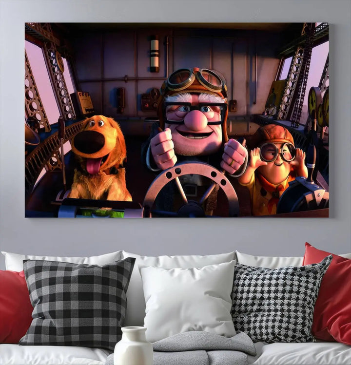 This three-panel wall art, titled "Carl Russel and Dog," features the beloved characters from the movie "Up" in a whimsical airplane cockpit scene, adding a playful touch to any room.