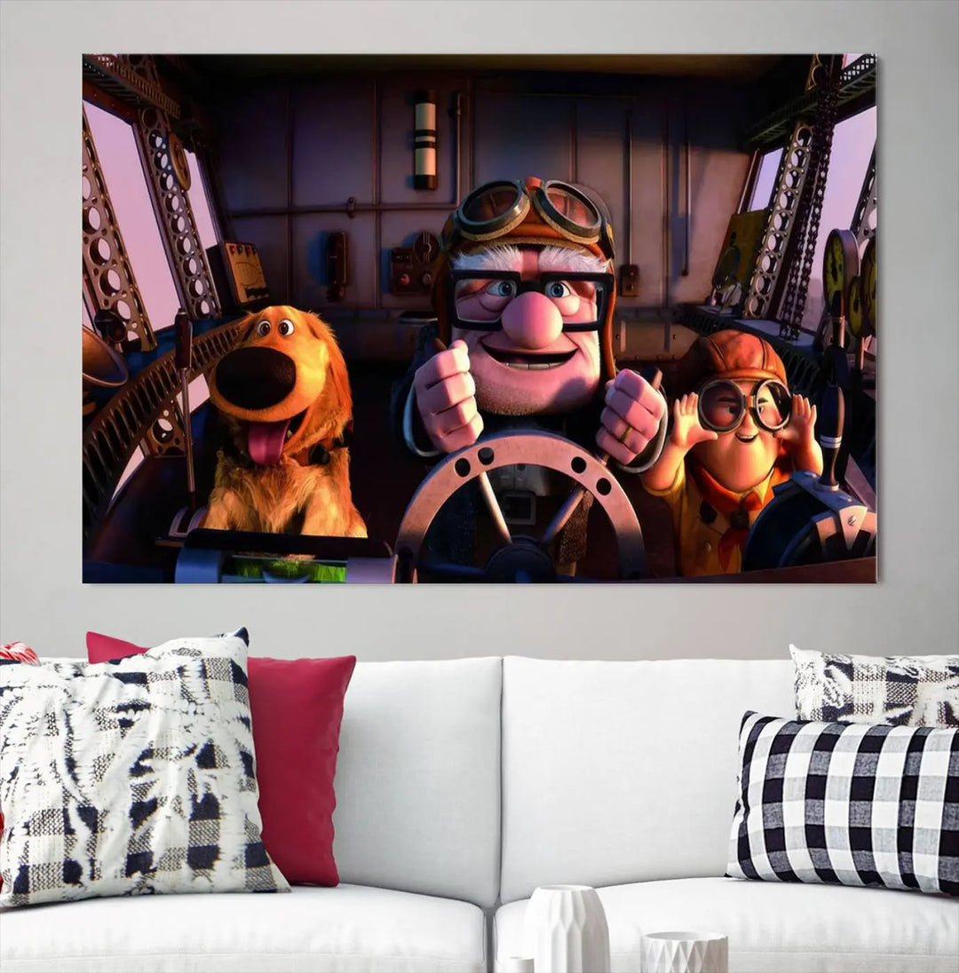 This three-panel wall art, titled "Carl Russel and Dog," features the beloved characters from the movie "Up" in a whimsical airplane cockpit scene, adding a playful touch to any room.