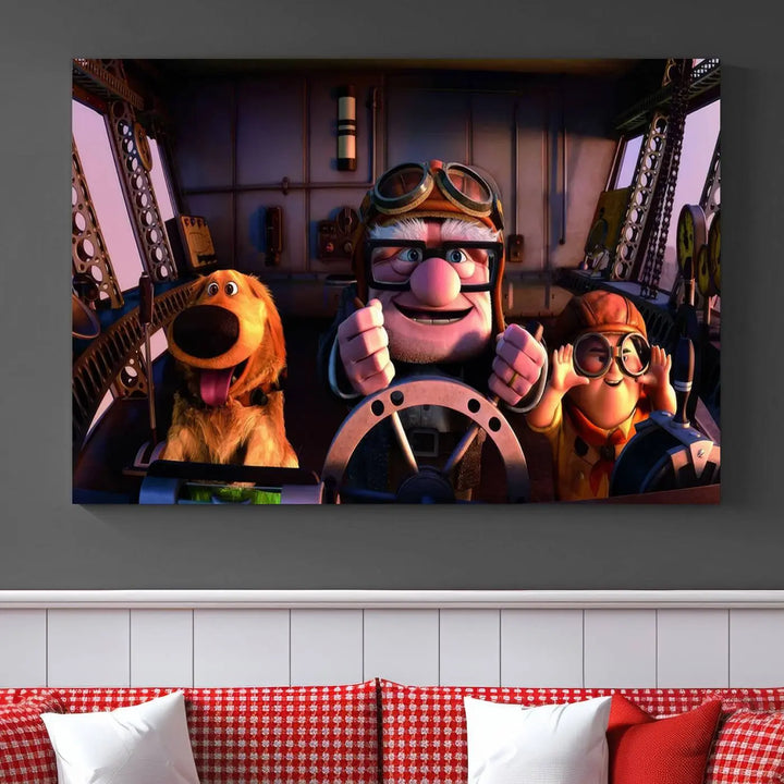 This three-panel wall art, titled "Carl Russel and Dog," features the beloved characters from the movie "Up" in a whimsical airplane cockpit scene, adding a playful touch to any room.