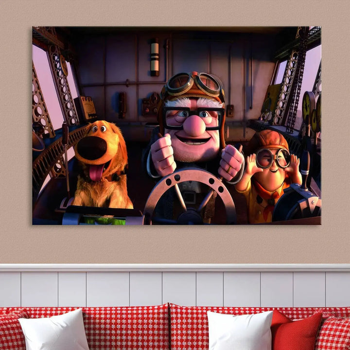 This three-panel wall art, titled "Carl Russel and Dog," features the beloved characters from the movie "Up" in a whimsical airplane cockpit scene, adding a playful touch to any room.