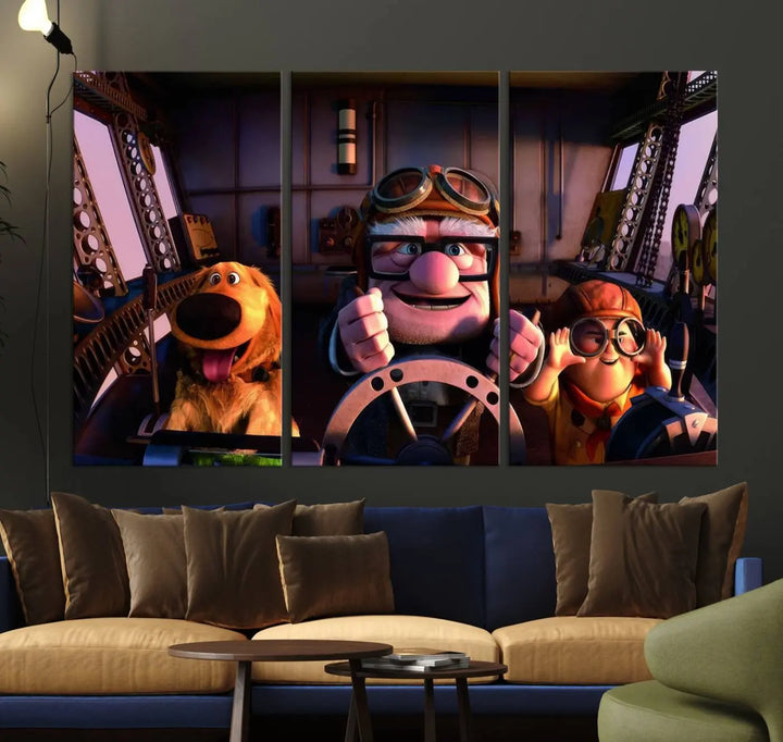 This three-panel wall art, titled "Carl Russel and Dog," features the beloved characters from the movie "Up" in a whimsical airplane cockpit scene, adding a playful touch to any room.