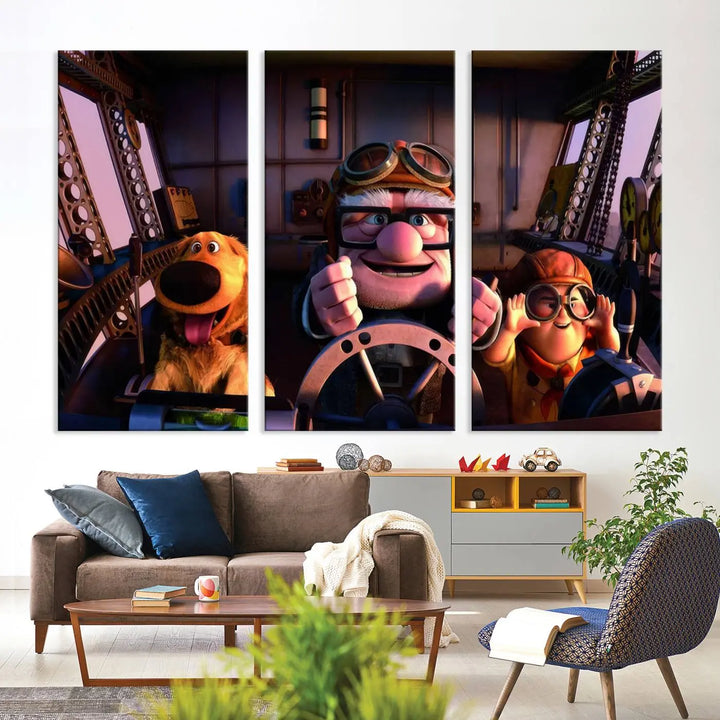 This three-panel wall art, titled "Carl Russel and Dog," features the beloved characters from the movie "Up" in a whimsical airplane cockpit scene, adding a playful touch to any room.