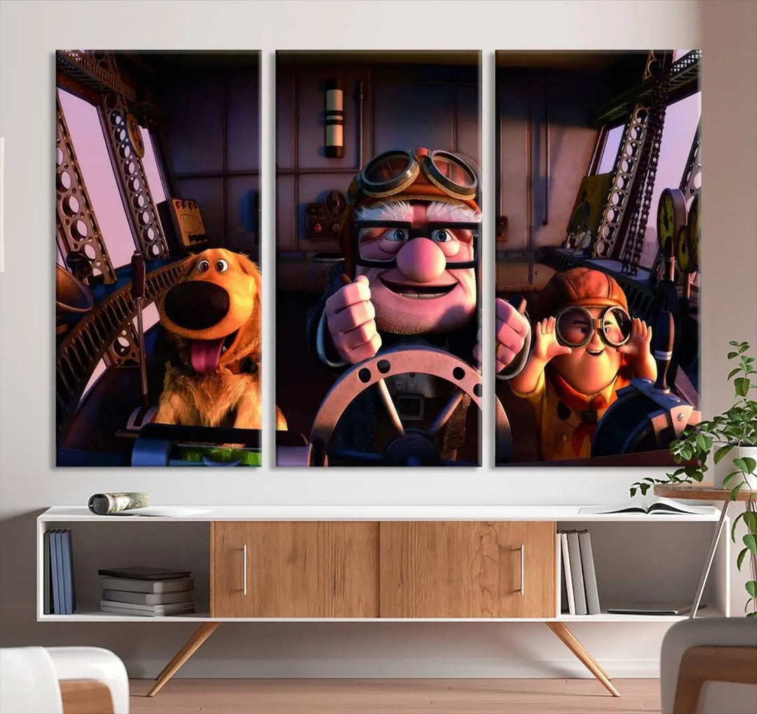 This three-panel wall art, titled "Carl Russel and Dog," features the beloved characters from the movie "Up" in a whimsical airplane cockpit scene, adding a playful touch to any room.