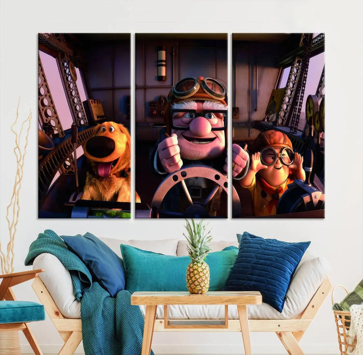 This three-panel wall art, titled "Carl Russel and Dog," features the beloved characters from the movie "Up" in a whimsical airplane cockpit scene, adding a playful touch to any room.