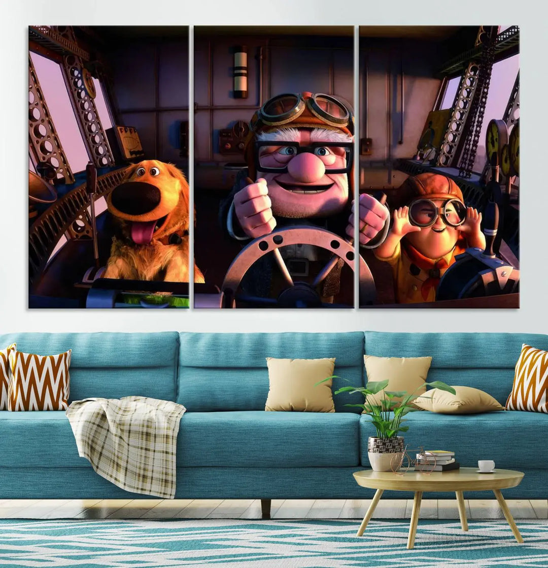 This three-panel wall art, titled "Carl Russel and Dog," features the beloved characters from the movie "Up" in a whimsical airplane cockpit scene, adding a playful touch to any room.