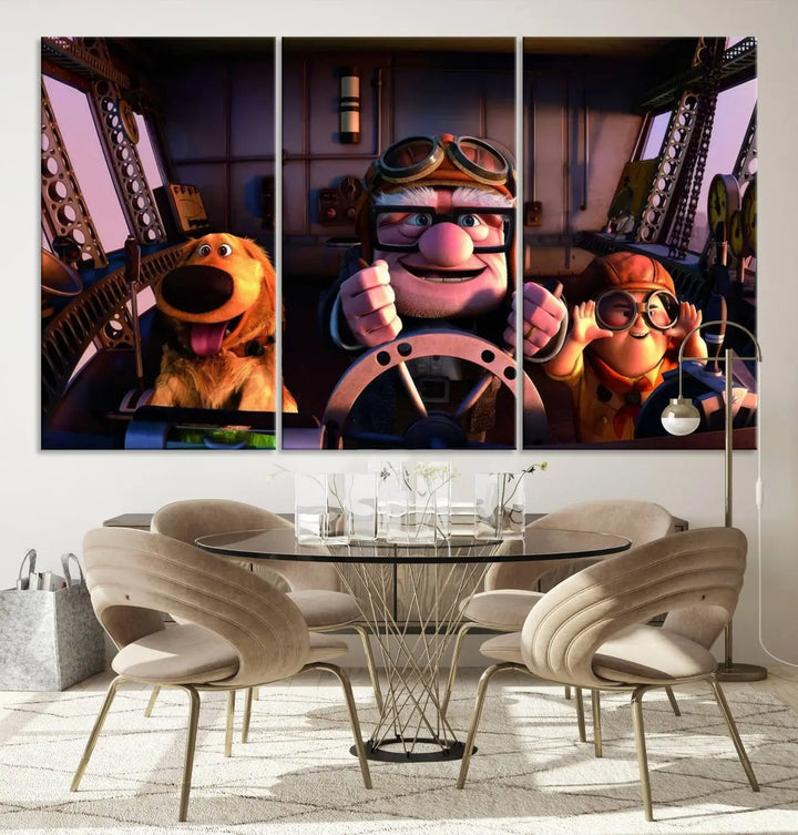 This three-panel wall art, titled "Carl Russel and Dog," features the beloved characters from the movie "Up" in a whimsical airplane cockpit scene, adding a playful touch to any room.