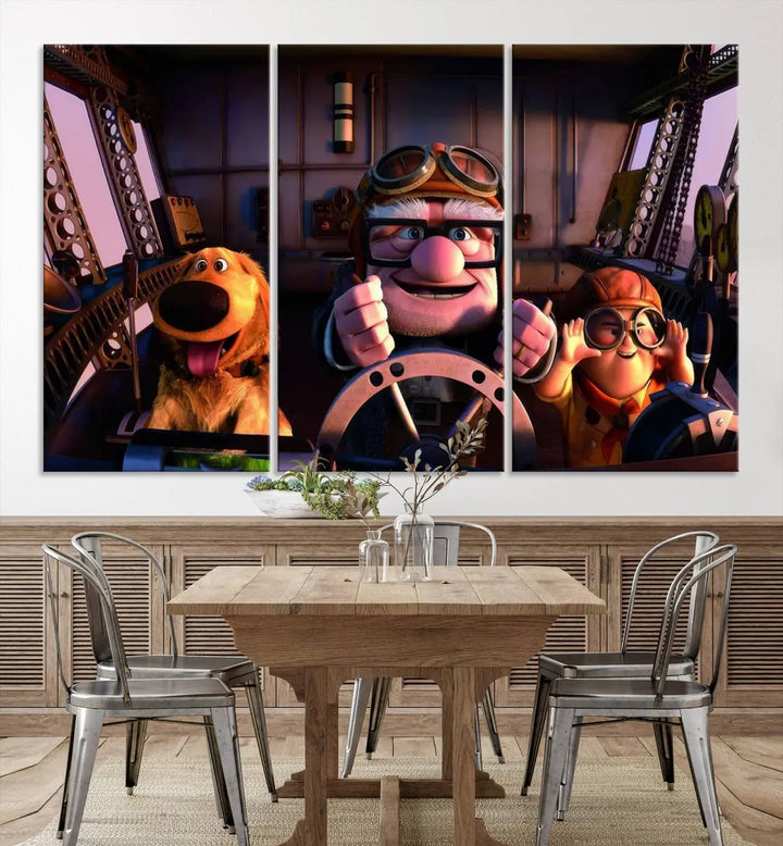 This three-panel wall art, titled "Carl Russel and Dog," features the beloved characters from the movie "Up" in a whimsical airplane cockpit scene, adding a playful touch to any room.