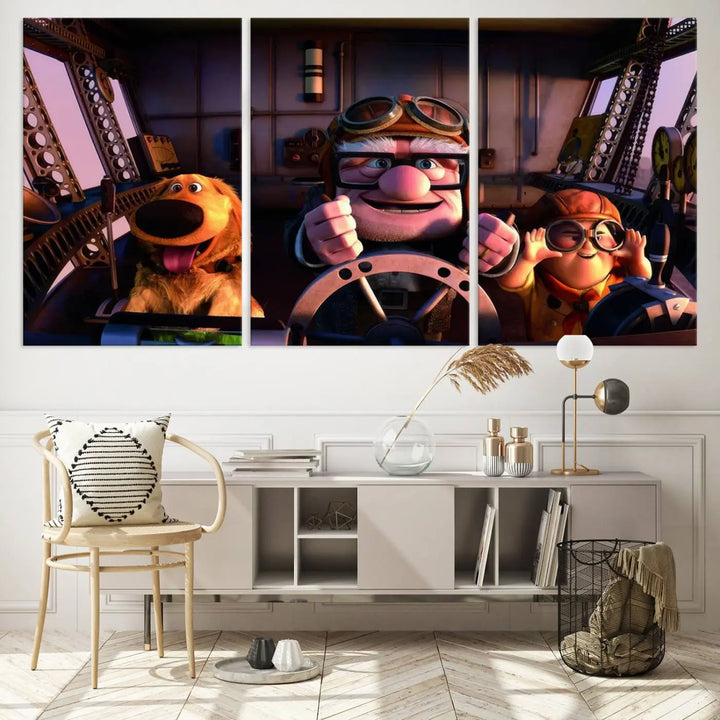 This three-panel wall art, titled "Carl Russel and Dog," features the beloved characters from the movie "Up" in a whimsical airplane cockpit scene, adding a playful touch to any room.