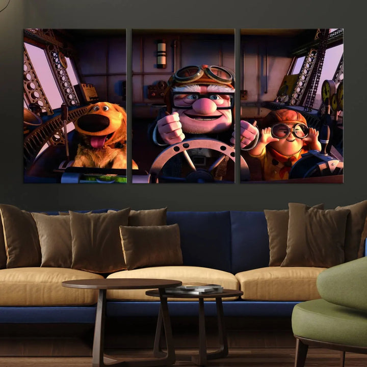 This three-panel wall art, titled "Carl Russel and Dog," features the beloved characters from the movie "Up" in a whimsical airplane cockpit scene, adding a playful touch to any room.